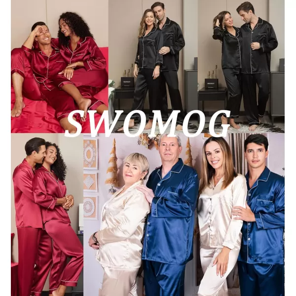 imageSWOMOG Couples Silk Satin Pajamas Sets Women ampamp Men Long Sleeve Sleepwear 2PCS Pjs ButtonDown Loungewear Comfy NightwearNavy Blue