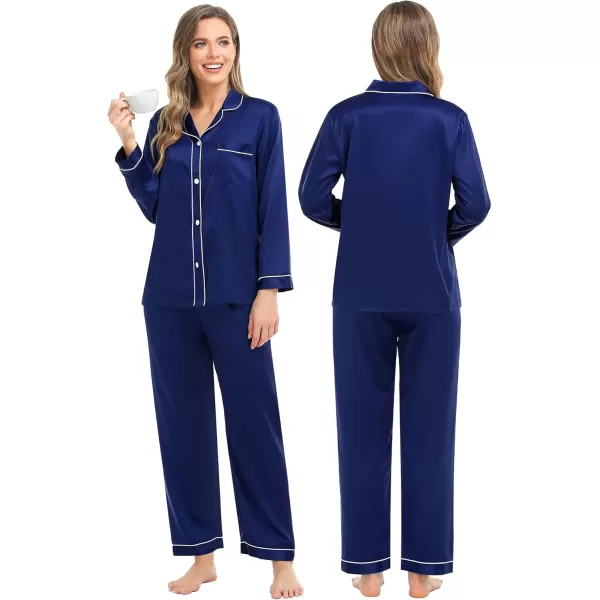 imageSWOMOG Couples Silk Satin Pajamas Sets Women ampamp Men Long Sleeve Sleepwear 2PCS Pjs ButtonDown Loungewear Comfy NightwearNavy Blue