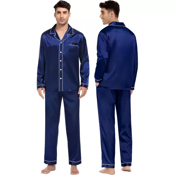 imageSWOMOG Couples Silk Satin Pajamas Sets Women ampamp Men Long Sleeve Sleepwear 2PCS Pjs ButtonDown Loungewear Comfy NightwearNavy Blue