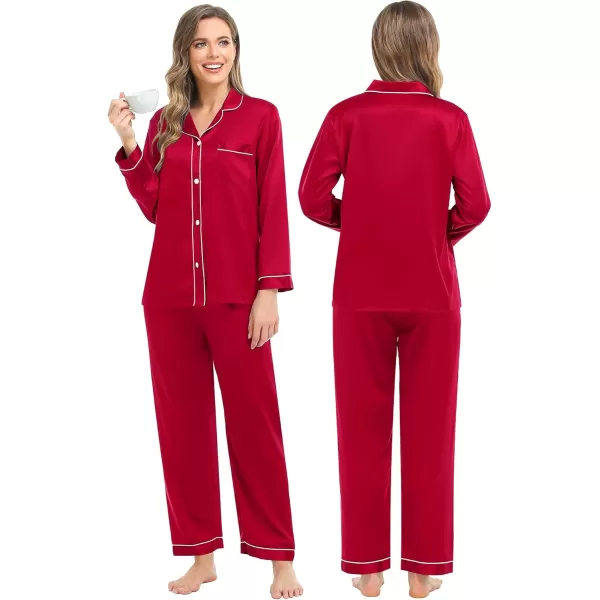 imageSWOMOG Couples Silk Satin Pajamas Sets Women ampamp Men Long Sleeve Sleepwear 2PCS Pjs ButtonDown Loungewear Comfy NightwearRed