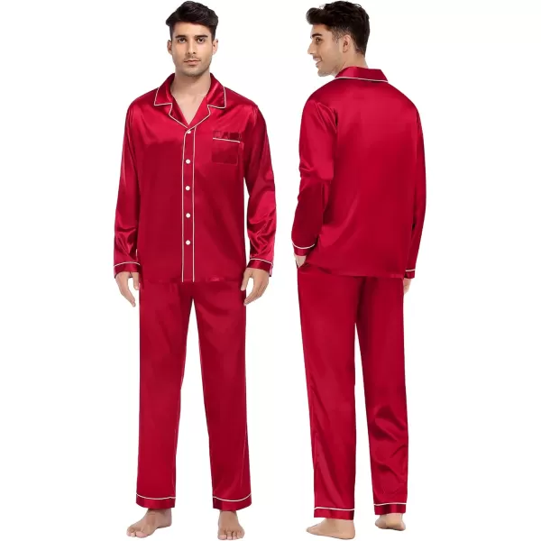 imageSWOMOG Couples Silk Satin Pajamas Sets Women ampamp Men Long Sleeve Sleepwear 2PCS Pjs ButtonDown Loungewear Comfy NightwearRed