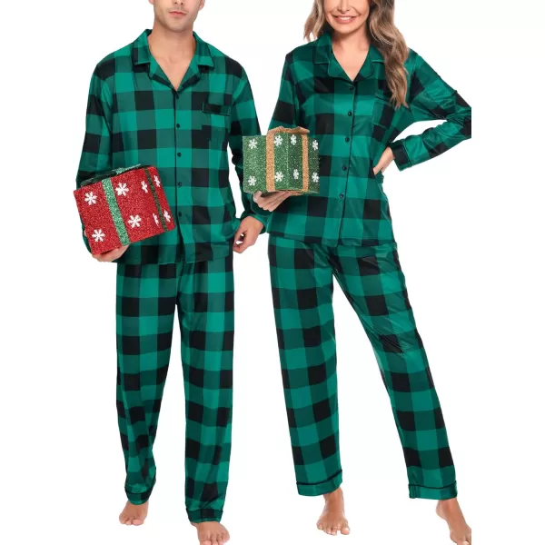 imageSWOMOG Matching Couple Christmas Pajamas Set Long Sleeve Festival Party Pj Set ButtonDown SleepwearBig Green Plaid