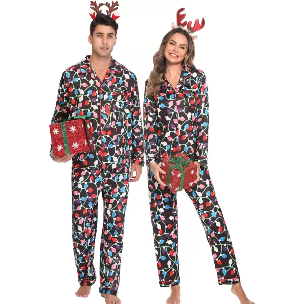 imageSWOMOG Matching Couple Christmas Pajamas Set Long Sleeve Festival Party Pj Set ButtonDown SleepwearChristmas Light