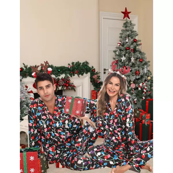 imageSWOMOG Matching Couple Christmas Pajamas Set Long Sleeve Festival Party Pj Set ButtonDown SleepwearChristmas Light