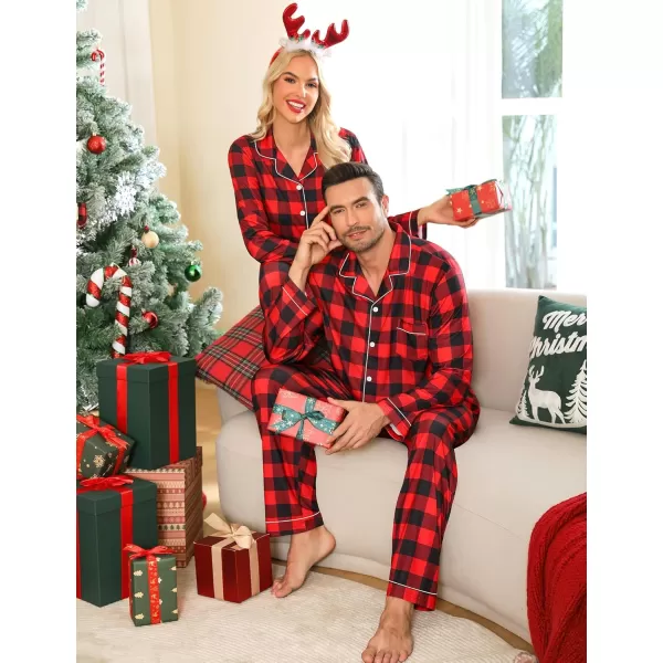 imageSWOMOG Matching Couple Christmas Pajamas Set Long Sleeve Festival Party Pj Set ButtonDown SleepwearRed With Black Plaid