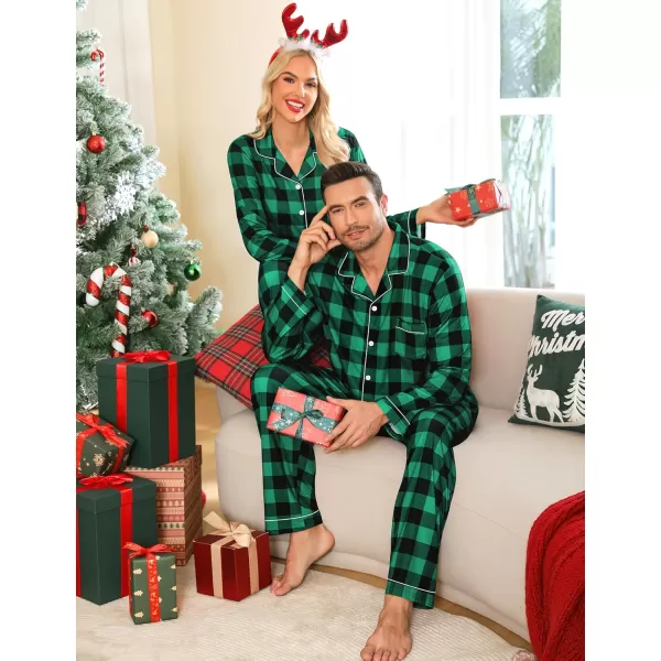 imageSWOMOG Matching Couple Christmas Pajamas Set Long Sleeve Festival Party Pj Set ButtonDown SleepwearSmall Green Grid