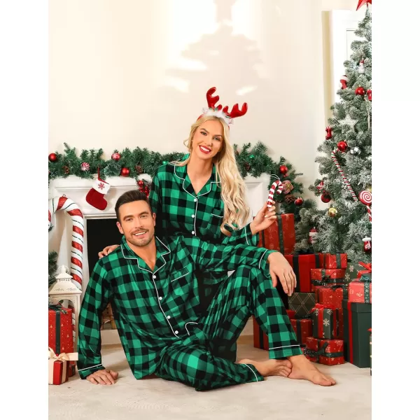 imageSWOMOG Matching Couple Christmas Pajamas Set Long Sleeve Festival Party Pj Set ButtonDown SleepwearSmall Green Grid