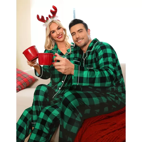 imageSWOMOG Matching Couple Christmas Pajamas Set Long Sleeve Festival Party Pj Set ButtonDown SleepwearSmall Green Grid