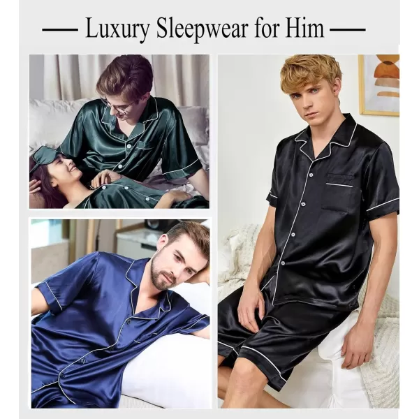 imageSWOMOG Satin Matching Pajamas Sets Couple Silk Button Down Nightwear Women ampamp Men Short Sleeve Sleepwear 2 Pieces LoungewearBlackmen