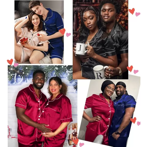 imageSWOMOG Satin Matching Pajamas Sets Couple Silk Button Down Nightwear Women ampamp Men Short Sleeve Sleepwear 2 Pieces LoungewearCamellia Redmen