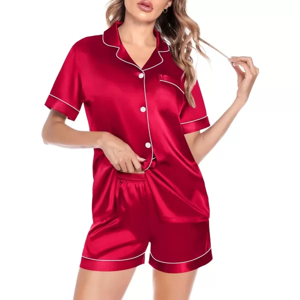 imageSWOMOG Satin Matching Pajamas Sets Couple Silk Button Down Nightwear Women ampamp Men Short Sleeve Sleepwear 2 Pieces LoungewearCamellia Redwomen No Pocket