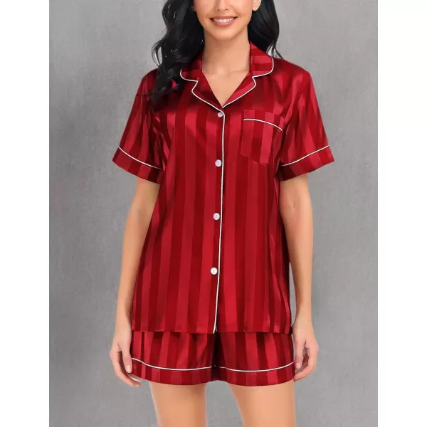 imageSWOMOG Satin Matching Pajamas Sets Couple Silk Button Down Nightwear Women ampamp Men Short Sleeve Sleepwear 2 Pieces LoungewearCrimson Stripedwomen No Pocket