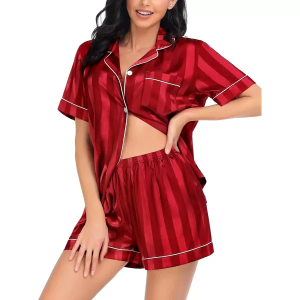 imageSWOMOG Satin Matching Pajamas Sets Couple Silk Button Down Nightwear Women ampamp Men Short Sleeve Sleepwear 2 Pieces LoungewearCrimson Stripedwomen No Pocket