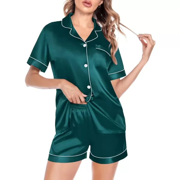 imageSWOMOG Satin Matching Pajamas Sets Couple Silk Button Down Nightwear Women ampamp Men Short Sleeve Sleepwear 2 Pieces LoungewearDark Greenwomen No Pocket