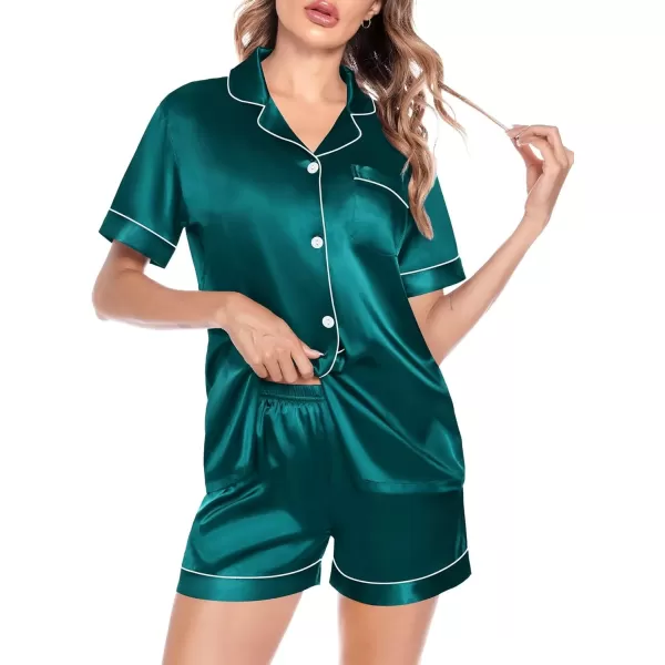 imageSWOMOG Satin Matching Pajamas Sets Couple Silk Button Down Nightwear Women ampamp Men Short Sleeve Sleepwear 2 Pieces LoungewearGreenwomen No Pocket