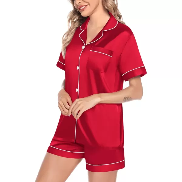 imageSWOMOG Satin Matching Pajamas Sets Couple Silk Button Down Nightwear Women ampamp Men Short Sleeve Sleepwear 2 Pieces LoungewearRed 1women No Pocket