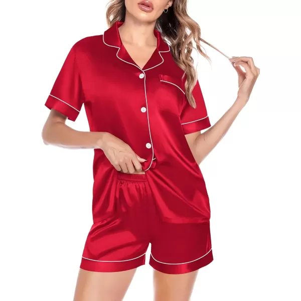 imageSWOMOG Satin Matching Pajamas Sets Couple Silk Button Down Nightwear Women ampamp Men Short Sleeve Sleepwear 2 Pieces LoungewearRed 1women No Pocket