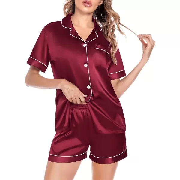 imageSWOMOG Satin Matching Pajamas Sets Couple Silk Button Down Nightwear Women ampamp Men Short Sleeve Sleepwear 2 Pieces LoungewearWine Redwomen No Pocket