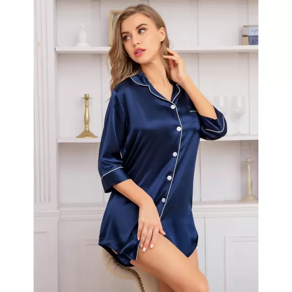 imageSWOMOG Stain Sleepwear Boyfriend Style nighty Sexy Nightgown Lapel Collar Sleep Shirt For Women Navy Blue