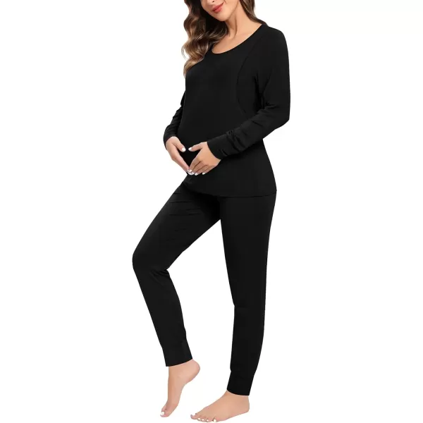 imageSWOMOG Women Maternity ampamp Nursing Thermal Underwear Set Postpartum Pajamas Breastfeeding Long Sleeve Base Layer Pregnant PjsBlack