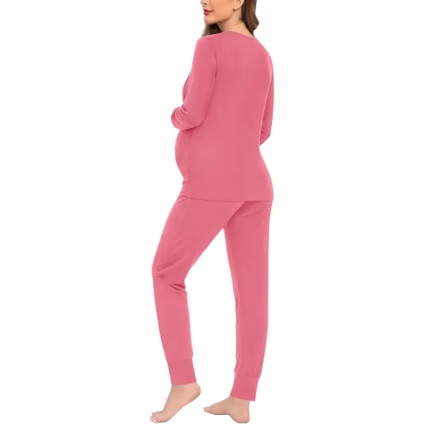 imageSWOMOG Women Maternity ampamp Nursing Thermal Underwear Set Postpartum Pajamas Breastfeeding Long Sleeve Base Layer Pregnant PjsCoral