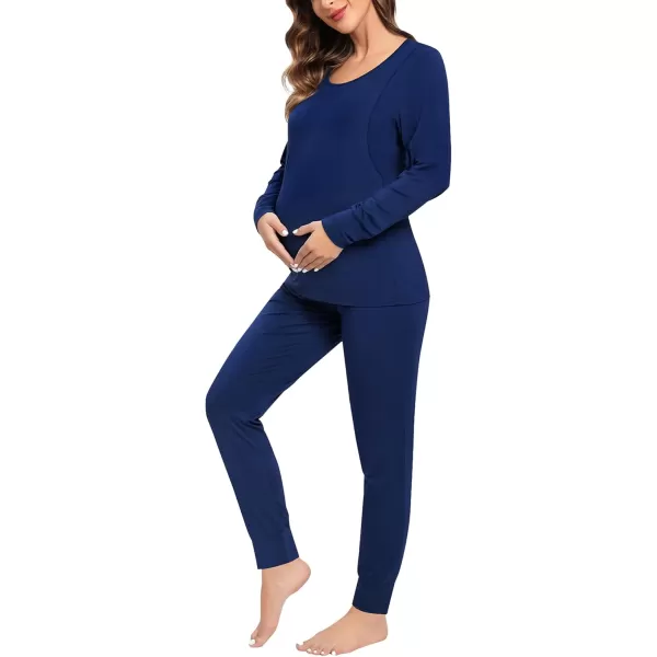 imageSWOMOG Women Maternity ampamp Nursing Thermal Underwear Set Postpartum Pajamas Breastfeeding Long Sleeve Base Layer Pregnant PjsNavy Blue