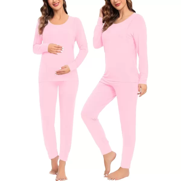 imageSWOMOG Women Maternity ampamp Nursing Thermal Underwear Set Postpartum Pajamas Breastfeeding Long Sleeve Base Layer Pregnant PjsPink