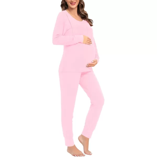 imageSWOMOG Women Maternity ampamp Nursing Thermal Underwear Set Postpartum Pajamas Breastfeeding Long Sleeve Base Layer Pregnant PjsPink