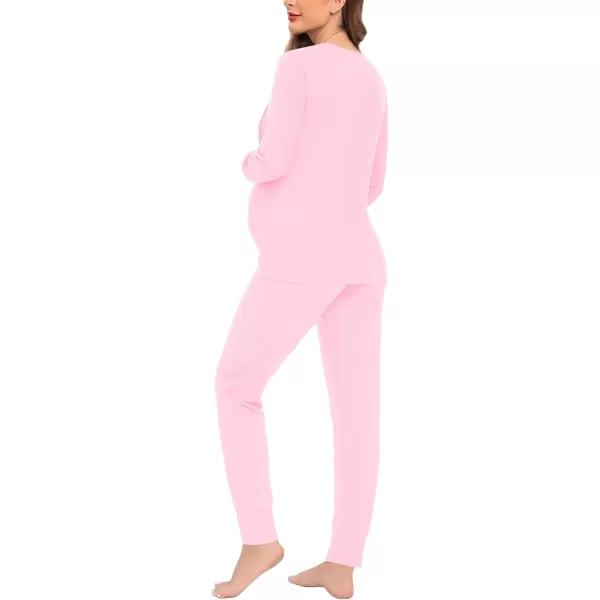 imageSWOMOG Women Maternity ampamp Nursing Thermal Underwear Set Postpartum Pajamas Breastfeeding Long Sleeve Base Layer Pregnant PjsPink