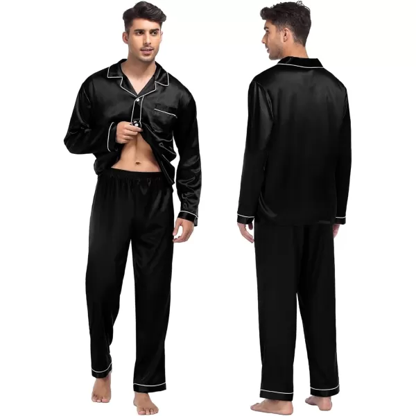 imageSWOMOG Women ampamp Men Satin Pajamas Set Couple Matching Pajamas Long Sleeve Sleepwear Button Down Loungewear 2 Pcs Pj SetBlack