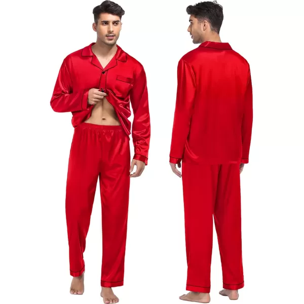 imageSWOMOG Women ampamp Men Satin Pajamas Set Couple Matching Pajamas Long Sleeve Sleepwear Button Down Loungewear 2 Pcs Pj SetCandy Red