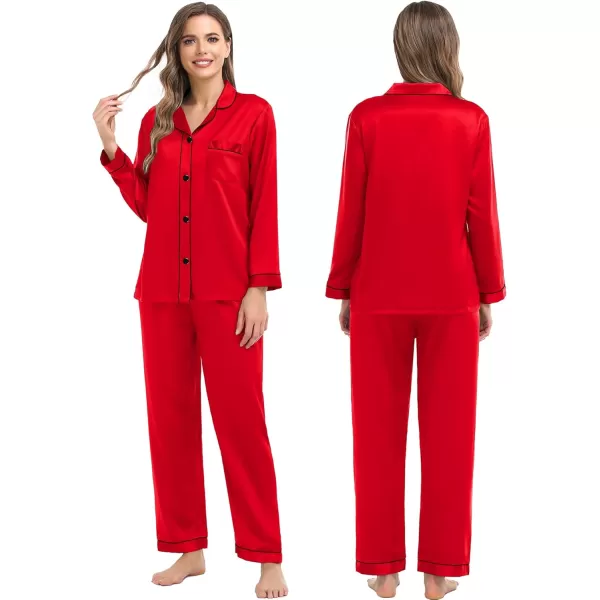 imageSWOMOG Women ampamp Men Satin Pajamas Set Couple Matching Pajamas Long Sleeve Sleepwear Button Down Loungewear 2 Pcs Pj SetCandy Red