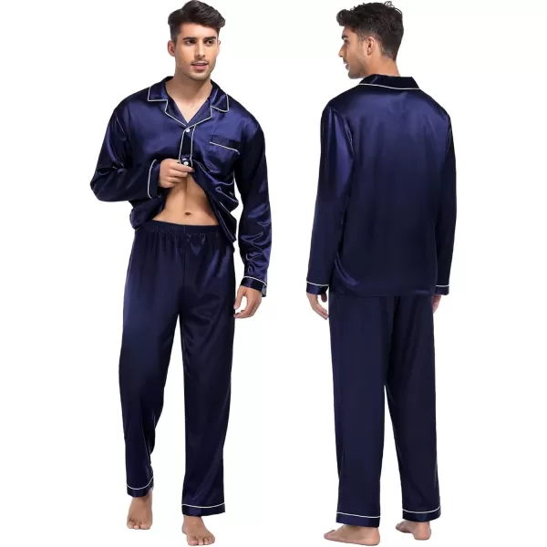 imageSWOMOG Women ampamp Men Satin Pajamas Set Couple Matching Pajamas Long Sleeve Sleepwear Button Down Loungewear 2 Pcs Pj SetDeep Navy Blue