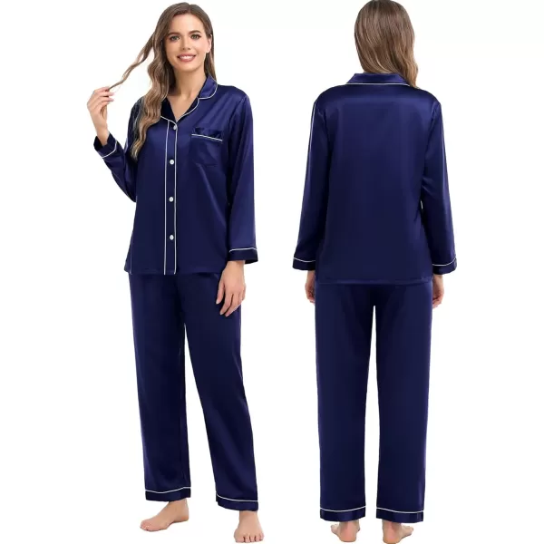 imageSWOMOG Women ampamp Men Satin Pajamas Set Couple Matching Pajamas Long Sleeve Sleepwear Button Down Loungewear 2 Pcs Pj SetDeep Navy Blue