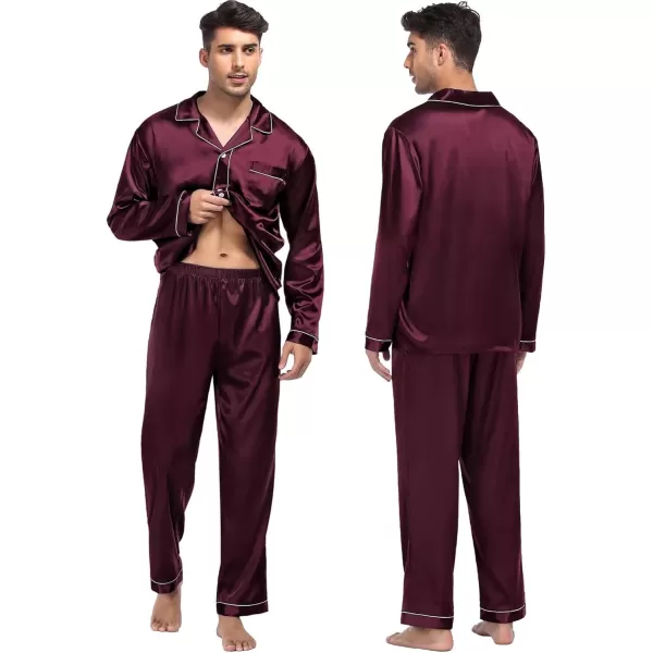 imageSWOMOG Women ampamp Men Satin Pajamas Set Couple Matching Pajamas Long Sleeve Sleepwear Button Down Loungewear 2 Pcs Pj SetDeep Wine Red