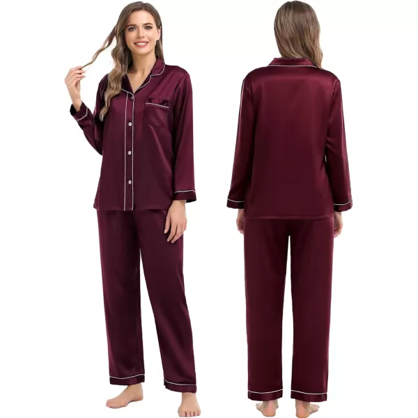 imageSWOMOG Women ampamp Men Satin Pajamas Set Couple Matching Pajamas Long Sleeve Sleepwear Button Down Loungewear 2 Pcs Pj SetDeep Wine Red