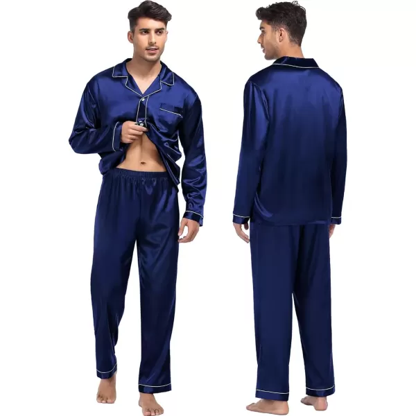 imageSWOMOG Women ampamp Men Satin Pajamas Set Couple Matching Pajamas Long Sleeve Sleepwear Button Down Loungewear 2 Pcs Pj SetNavy Blue