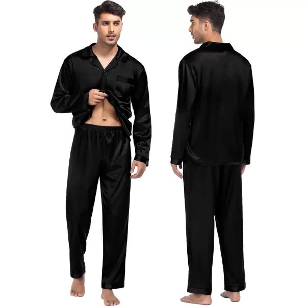 imageSWOMOG Women ampamp Men Satin Pajamas Set Couple Matching Pajamas Long Sleeve Sleepwear Button Down Loungewear 2 Pcs Pj SetPure Black