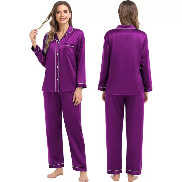 imageSWOMOG Women ampamp Men Satin Pajamas Set Couple Matching Pajamas Long Sleeve Sleepwear Button Down Loungewear 2 Pcs Pj SetPurple