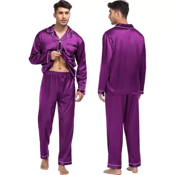 imageSWOMOG Women ampamp Men Satin Pajamas Set Couple Matching Pajamas Long Sleeve Sleepwear Button Down Loungewear 2 Pcs Pj SetPurple