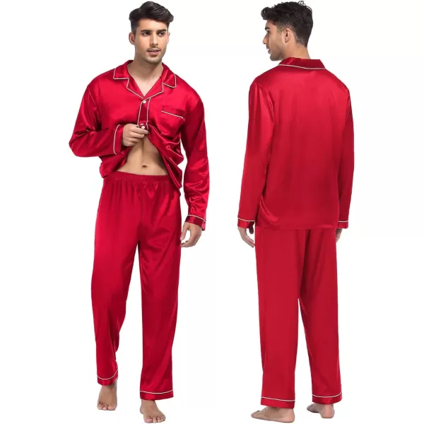 imageSWOMOG Women ampamp Men Satin Pajamas Set Couple Matching Pajamas Long Sleeve Sleepwear Button Down Loungewear 2 Pcs Pj SetRed