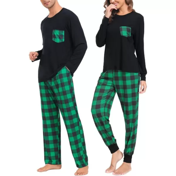 imageSWOMOG Adult Christmas Pajamas Buffalo Plaid Pajama Pants with Pockets Long Sleeve Tops for Couples ampamp FamilyBlack  Green Plaid