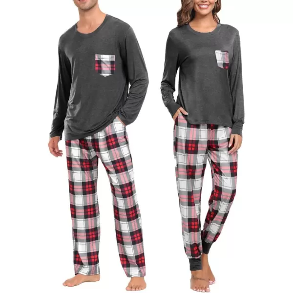 imageSWOMOG Adult Christmas Pajamas Buffalo Plaid Pajama Pants with Pockets Long Sleeve Tops for Couples ampamp FamilyDeep Grey