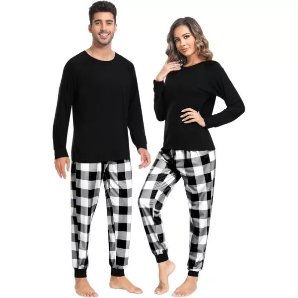 imageSWOMOG Christmas Matching Couple Pajamas Sets Family Xmas Jammies Casual LongSleeve Sleepwear Sets Festival PJ SetWhite Black Plaid