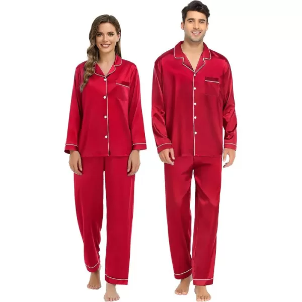 imageSWOMOG Couple Matching Pajamas Set Silk Satin Button Down Sleepwear Long Sleeve Nightwear 2 Pcs Pj SetA Red