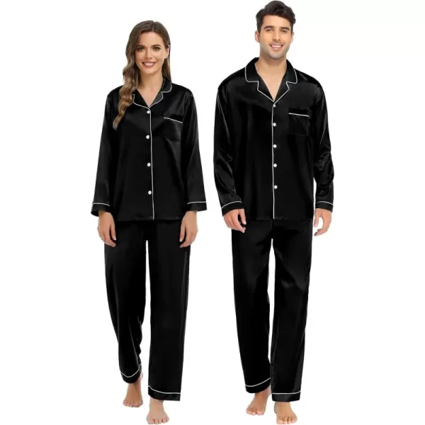 imageSWOMOG Couple Matching Pajamas Set Silk Satin Button Down Sleepwear Long Sleeve Nightwear 2 Pcs Pj SetBlack