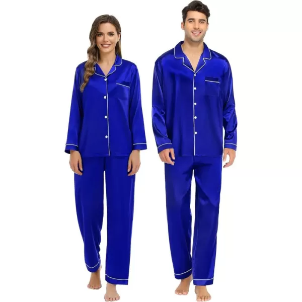 imageSWOMOG Couple Matching Pajamas Set Silk Satin Button Down Sleepwear Long Sleeve Nightwear 2 Pcs Pj SetBlue