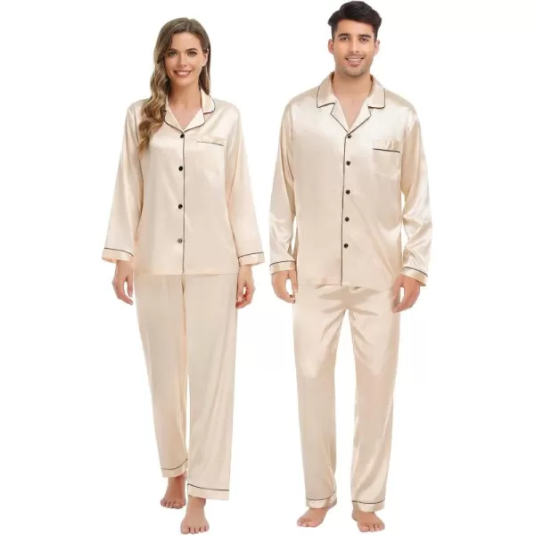 imageSWOMOG Couple Matching Pajamas Set Silk Satin Button Down Sleepwear Long Sleeve Nightwear 2 Pcs Pj SetChampagne