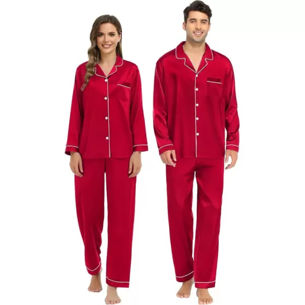 imageSWOMOG Couple Matching Pajamas Set Silk Satin Button Down Sleepwear Long Sleeve Nightwear 2 Pcs Pj SetCherry Red