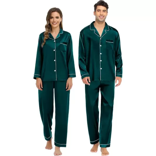 imageSWOMOG Couple Matching Pajamas Set Silk Satin Button Down Sleepwear Long Sleeve Nightwear 2 Pcs Pj SetDeep Green